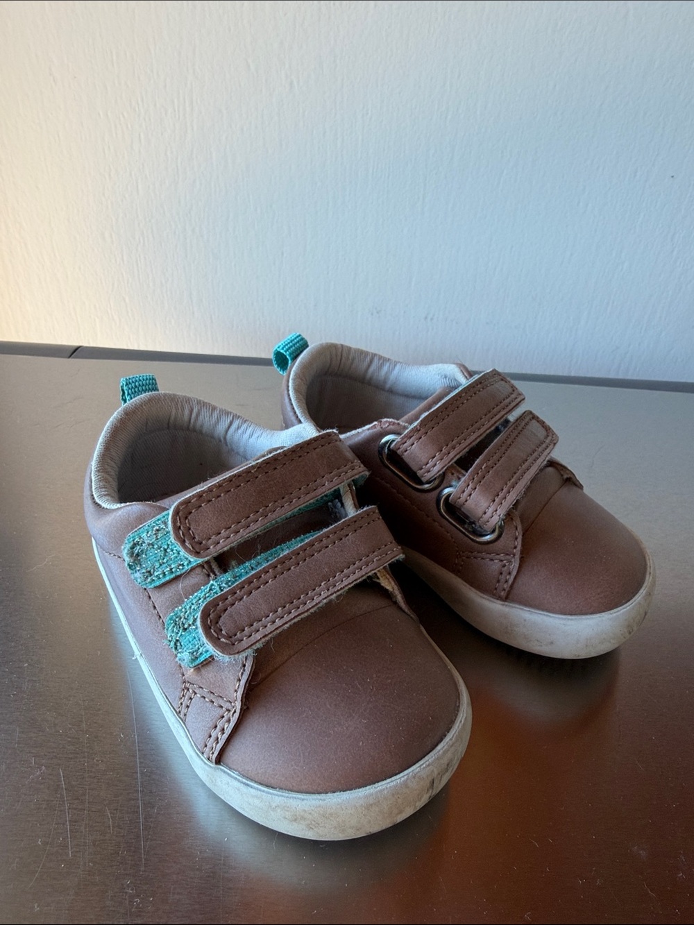 Toddler Brown Sneakers with Teal Accents - Easy Velcro Closure